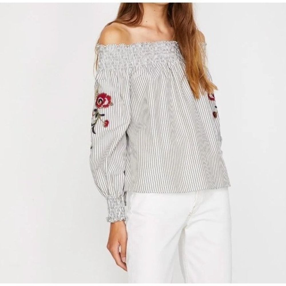 NEW KOTON Bardot Blouse Striped Off Shoulder Floral Long Sleeve-XS Boho‎ Y2K